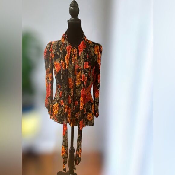 Tracy Reese NY Silk Blouse Top Tie Neck Long Sleeve Sheer Floral Size XS - Picture 14 of 16